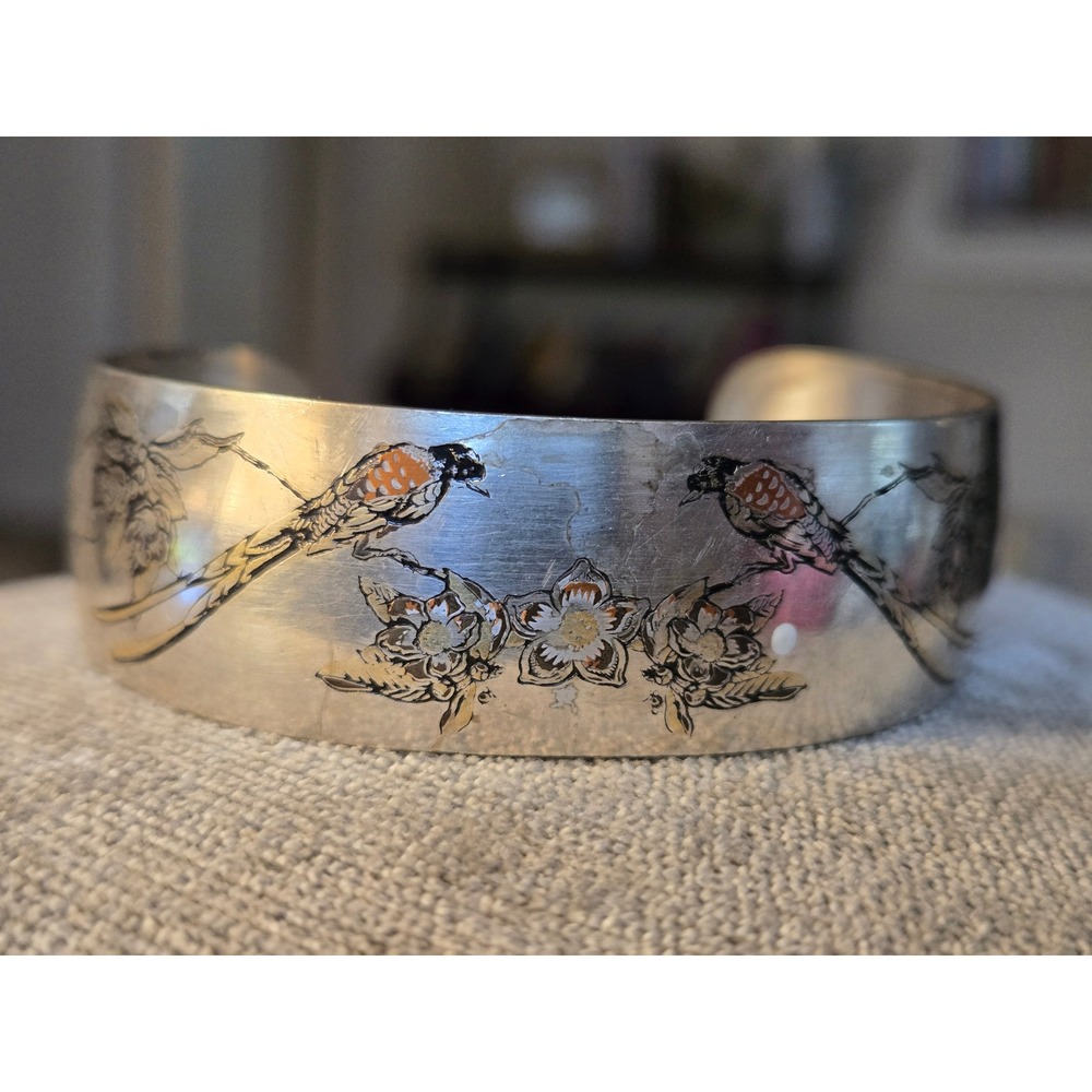 Vintage Reed & Barton DAMASCENE Silver Tone Birds & Floral Wide 7" Cuff Bracelet
